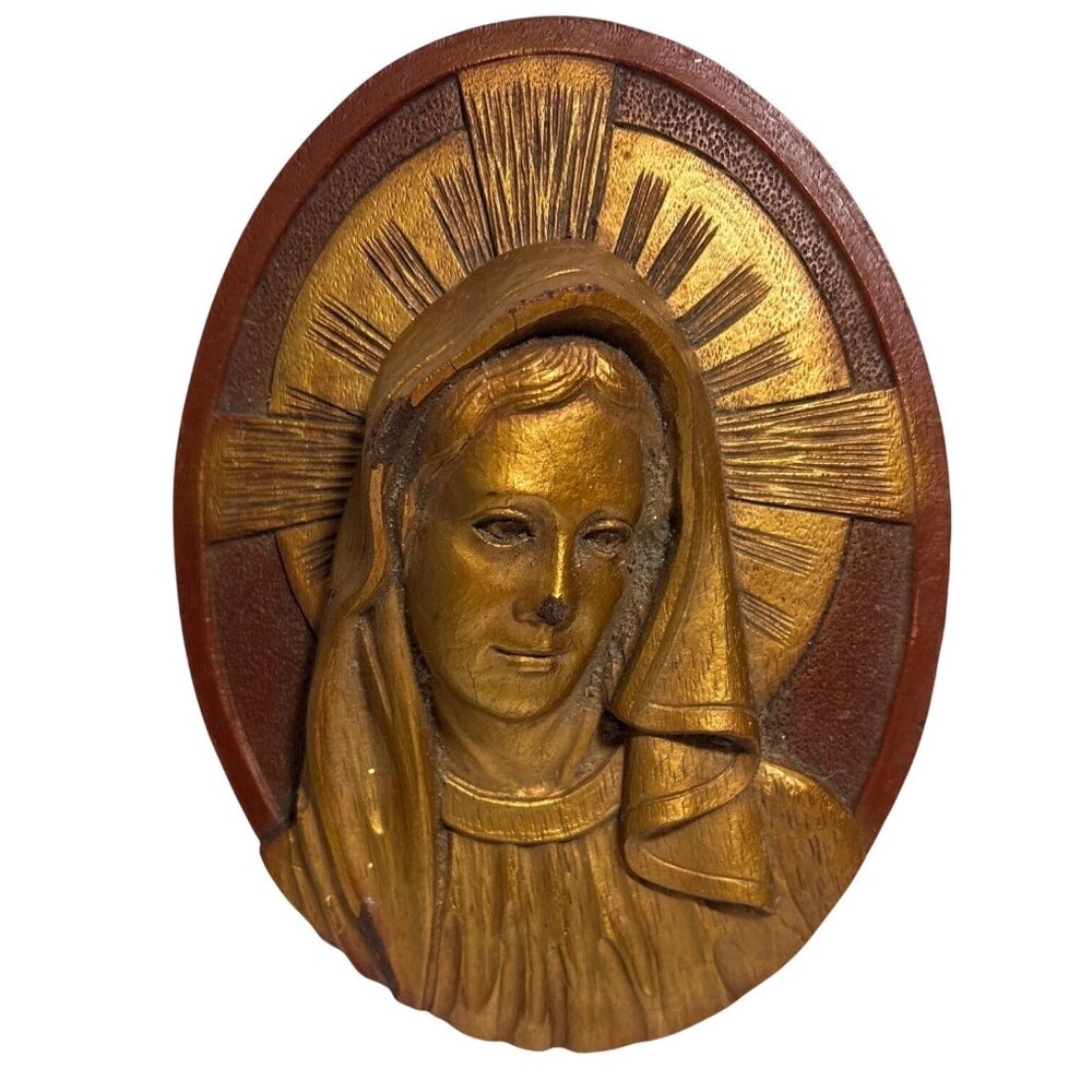 Mother Mary Gold Toned Carved Resin 3D Wall Plaque 7" Vintage